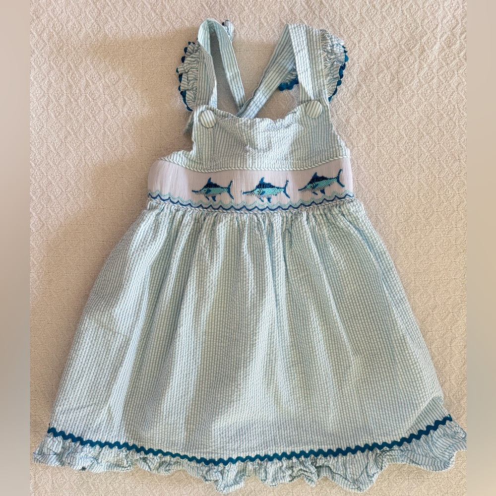 Southern Smocking Company Blue and White Seersucker Smocked Dress Fish Design